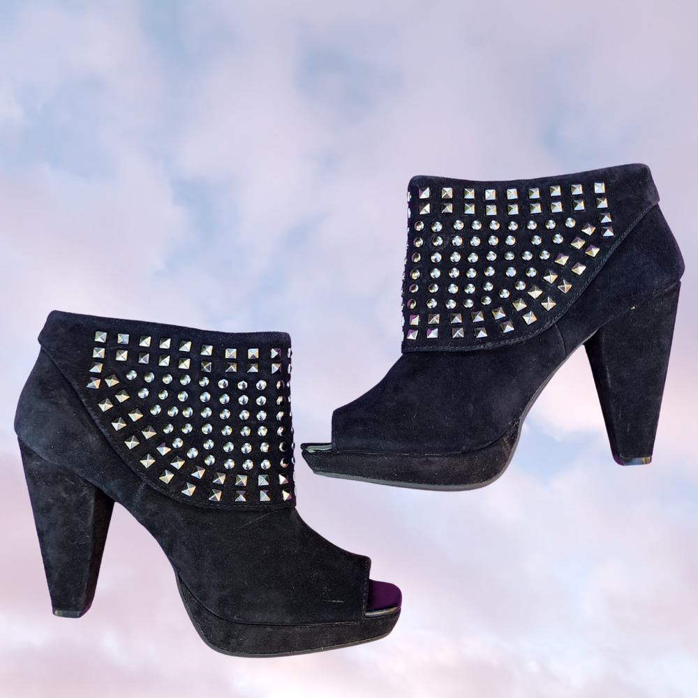 Y2k Kenneth Cole Reaction Black with Silver Studs Ankle Bootie Open Toe Sz 7.5